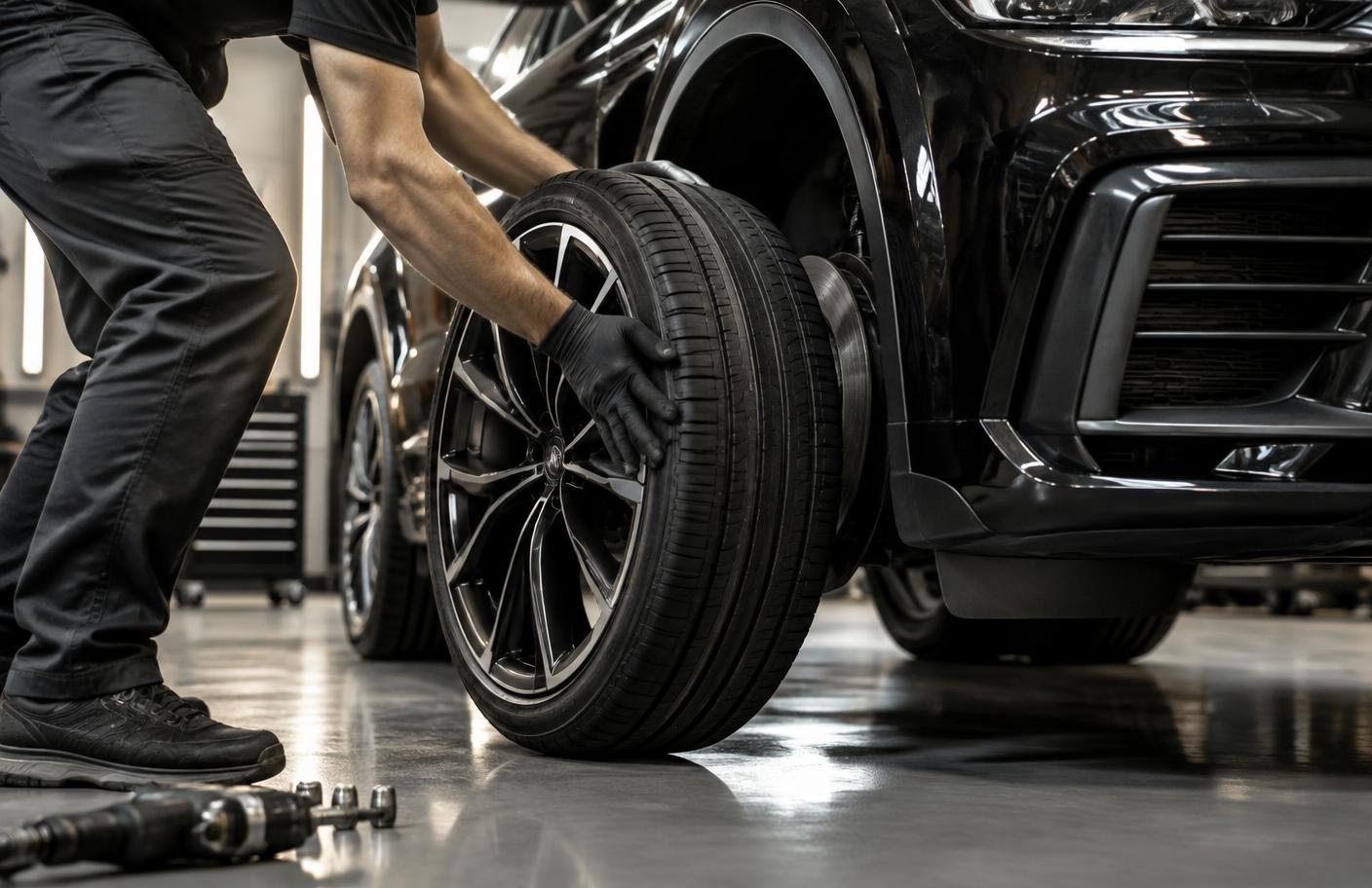 Professional wheel and tire installation on a black SUV
