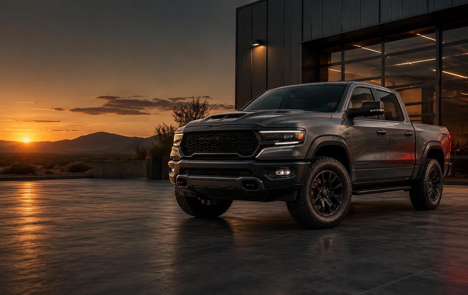 Customized graphite pickup truck with premium black wheels
